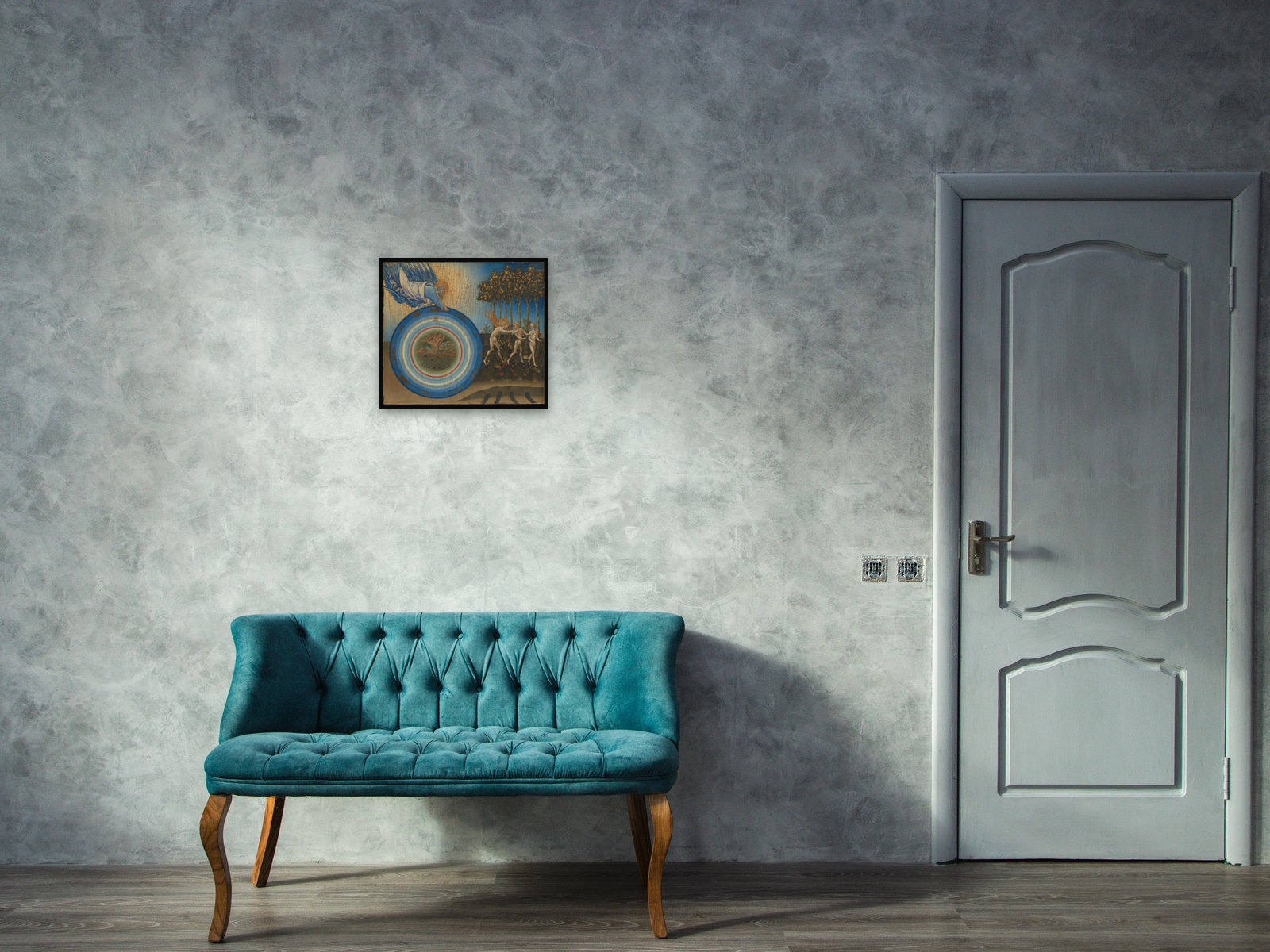 The Creation of the World and the Expulsion from Paradise, printed and hung in a room