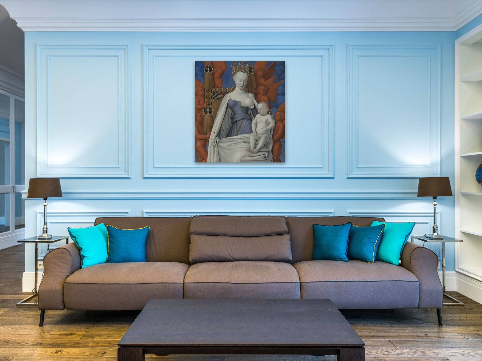 Madonna surrounded by Seraphim and Cherubim (Melun Diptych, right wing), printed and hung in a room