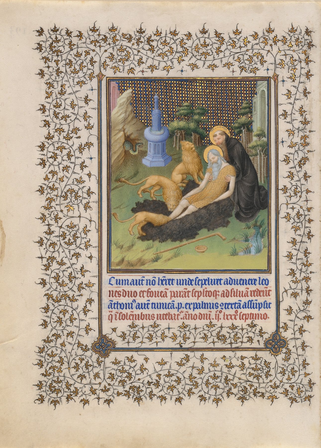 Lions Help Saint Anthony Bury Saint Paul by The Limbourg Brothers, 1405–1408/9, The Metropolitan Museum of Art, The Cloisters