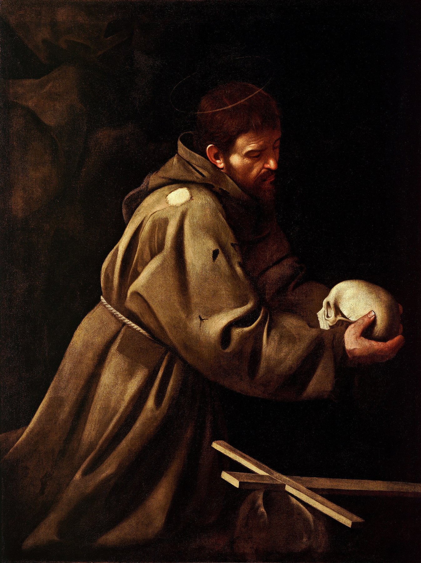Saint Francis in Meditation by Attributed to Caravaggio, c. 1606, Gallerie Nazionali di Arte Antica, Palazzo Barberini, Rome (on deposit from the Fondo Edifici di Culto, church of San Pietro, Carpineto Romano)