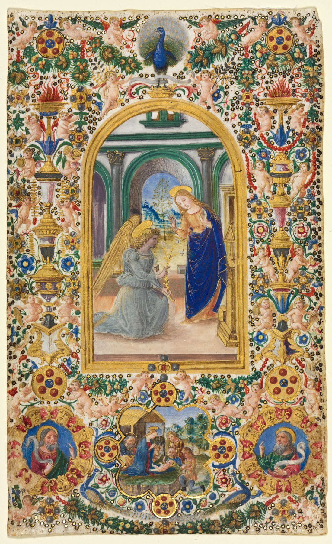 Leaf from a Book of Hours: Annunciation, Nativity and Two Prophets by Attributed to the Master of Riccardiana 231, c. 1485, The Cleveland Museum of Art