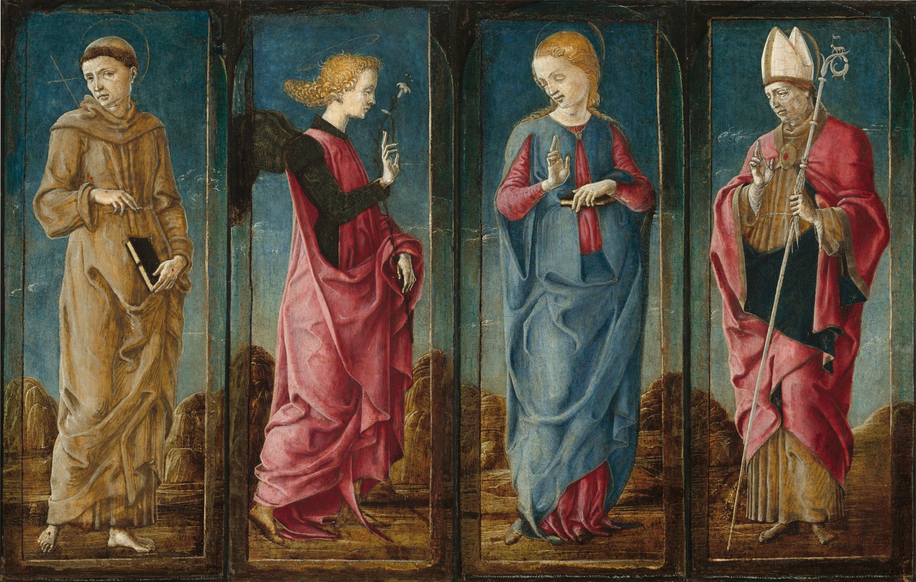 The Annunciation with Saint Francis and Saint Louis of Toulouse [four panels] by Cosmè Tura, c. 1470/1480, National Gallery of Art, Washington