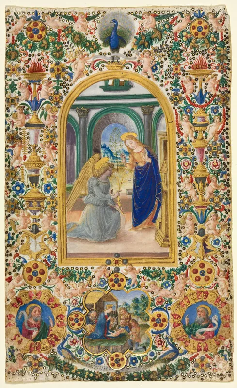 Leaf from a Book of Hours: Annunciation, Nativity and Two Prophets — Attributed to the Master of Riccardiana 231 (Italian, Florence, active c. 1485)